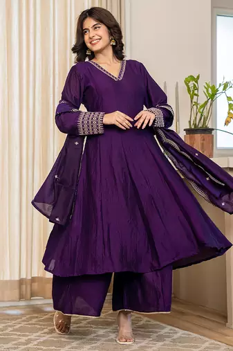 Yufta violet zari wor a-line vichitra silk kurta palazzo dupatta set
