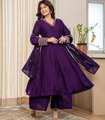 violet zari wor a-line vichitra silk kurta palazzo dupatta set