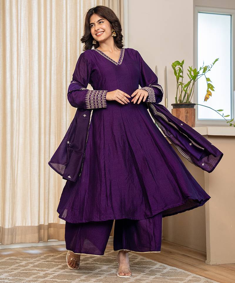 Yufta violet zari wor a-line vichitra silk kurta palazzo dupatta set