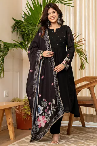 Yufta black resham embroidery a-line chanderi silk kurta trouser dupatta set