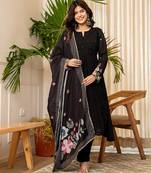 black resham embroidery a-line chanderi silk kurta trouser dupatta set