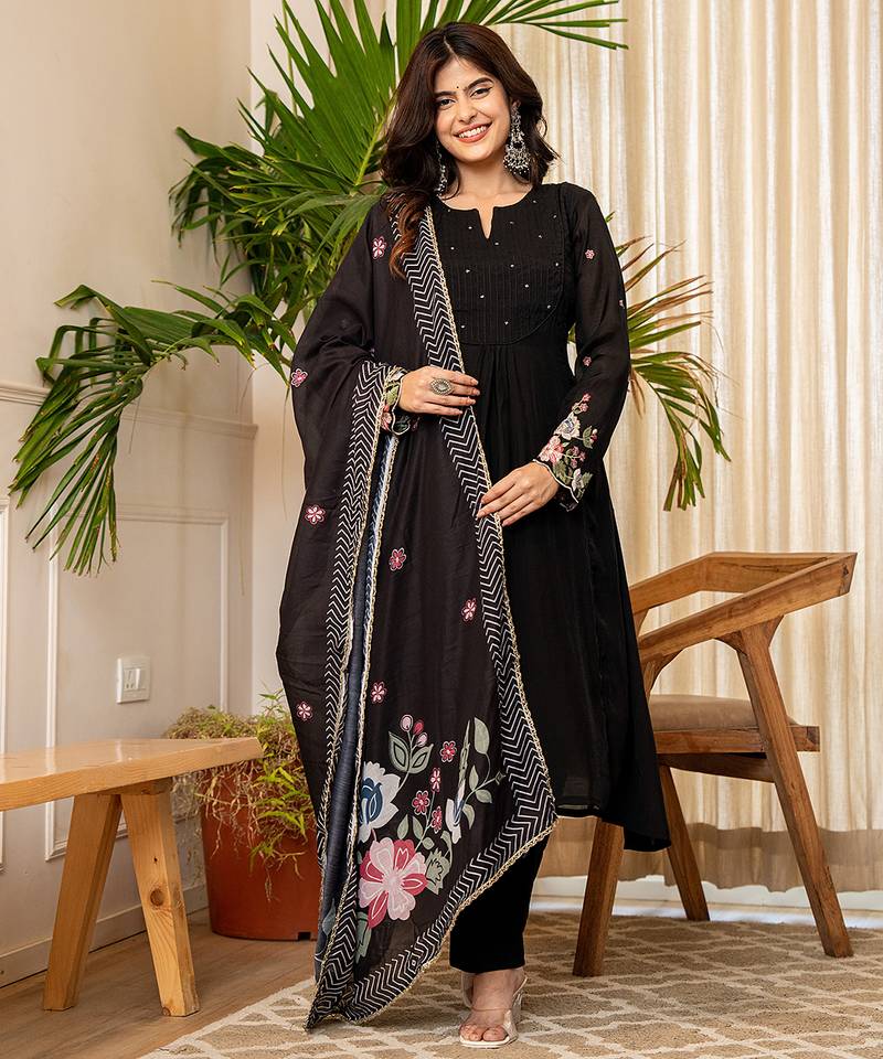 Yufta black resham embroidery a-line chanderi silk kurta trouser dupatta set