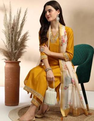 Stylish designer rayon biscuit slub fabric embroidery work kurta set with chanderi jaquard dupatta 1