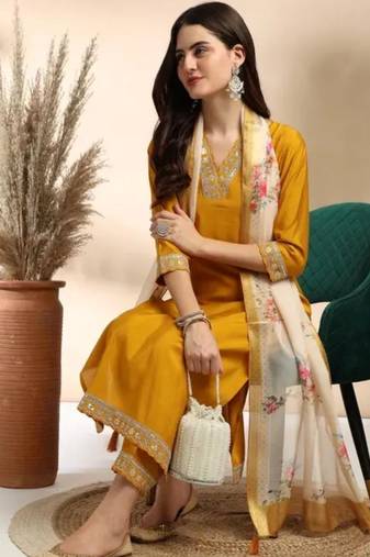 Stylish designer rayon biscuit slub fabric embroidery work kurta set with chanderi jaquard dupatta