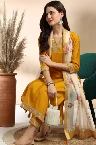 Stylish designer rayon biscuit slub fabric embroidery work kurta set with chanderi jaquard dupatta