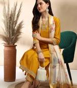 Stylish designer rayon biscuit slub fabric embroidery work kurta set with chanderi jaquard dupatta