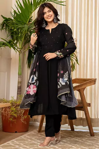 black resham embroidery a-line chanderi silk kurta trouser dupatta set