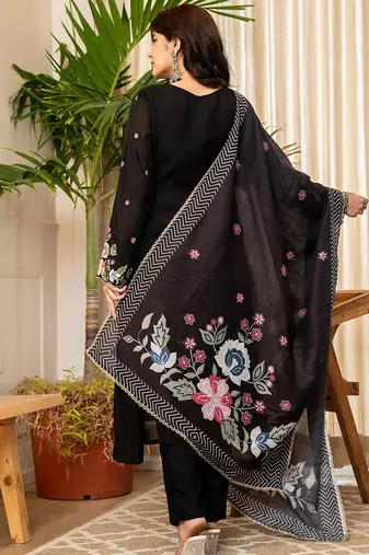black resham embroidery a-line chanderi silk kurta trouser dupatta set