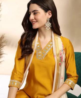 Stylish designer rayon biscuit slub fabric embroidery work kurta set with chanderi jaquard dupatta 2
