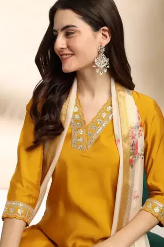Stylish designer rayon biscuit slub fabric embroidery work kurta set with chanderi jaquard dupatta