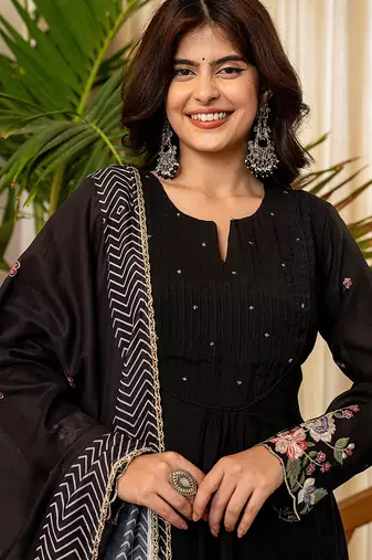 black resham embroidery a-line chanderi silk kurta trouser dupatta set