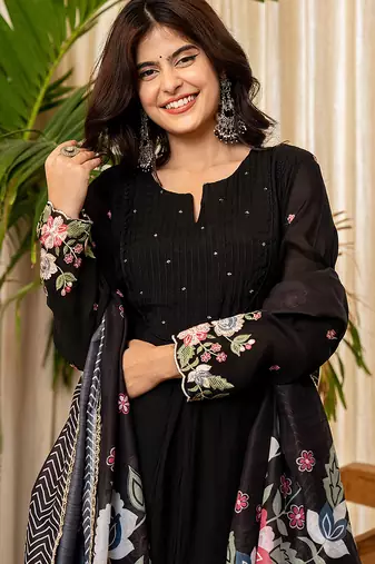 black resham embroidery a-line chanderi silk kurta trouser dupatta set