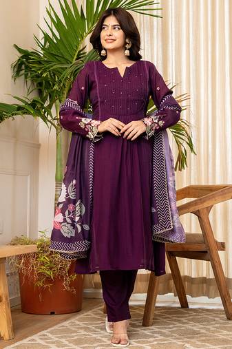 Yufta purple resham embroidery a-line chanderi silk kurta trouser dupatta set