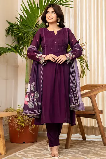 Yufta purple resham embroidery a-line chanderi silk kurta trouser dupatta set