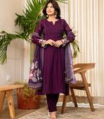 purple resham embroidery a-line chanderi silk kurta trouser dupatta set
