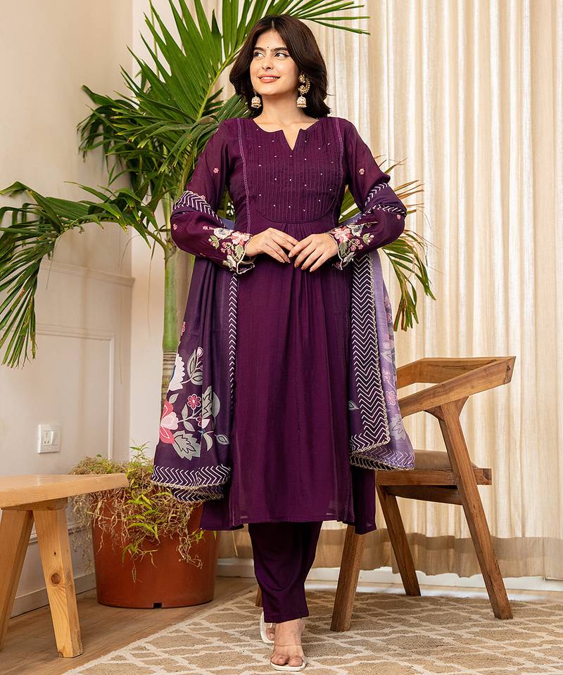 Yufta purple resham embroidery a-line chanderi silk kurta trouser dupatta set