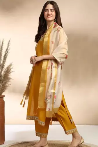 Stylish designer rayon biscuit slub fabric embroidery work kurta set with chanderi jaquard dupatta