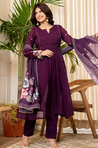 purple resham embroidery a-line chanderi silk kurta trouser dupatta set