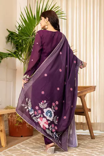 purple resham embroidery a-line chanderi silk kurta trouser dupatta set
