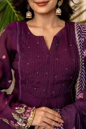 purple resham embroidery a-line chanderi silk kurta trouser dupatta set