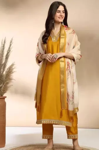 Stylish designer rayon biscuit slub fabric embroidery work kurta set with chanderi jaquard dupatta