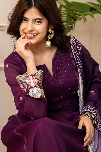 purple resham embroidery a-line chanderi silk kurta trouser dupatta set