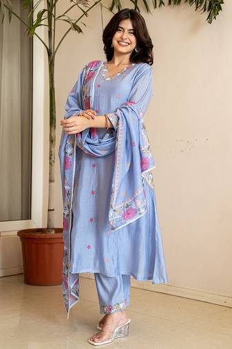 Yufta sky blue resham embroidery a-line chanderi silk kurta trouser dupatta set