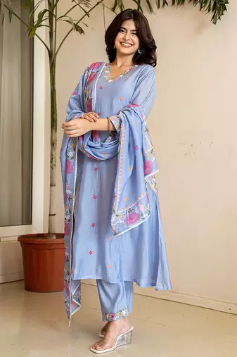 Yufta sky blue resham embroidery a-line chanderi silk kurta trouser dupatta set