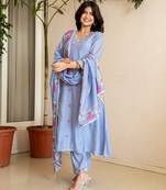 sky blue resham embroidery a-line chanderi silk kurta trouser dupatta set