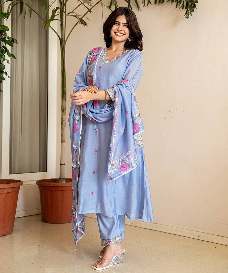 Yufta sky blue resham embroidery a-line chanderi silk kurta trouser dupatta set