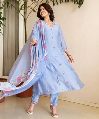 sky blue resham embroidery a-line chanderi silk kurta trouser dupatta set 2