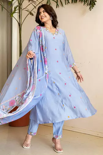 sky blue resham embroidery a-line chanderi silk kurta trouser dupatta set