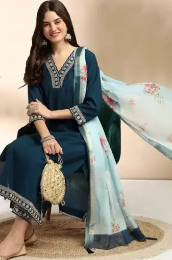 Stylish designer rayon biscuit slub fabric embroidery work kurta set with chanderi jaquard dupatta