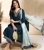 Stylish designer rayon biscuit slub fabric embroidery work kurta set with chanderi jaquard dupatta