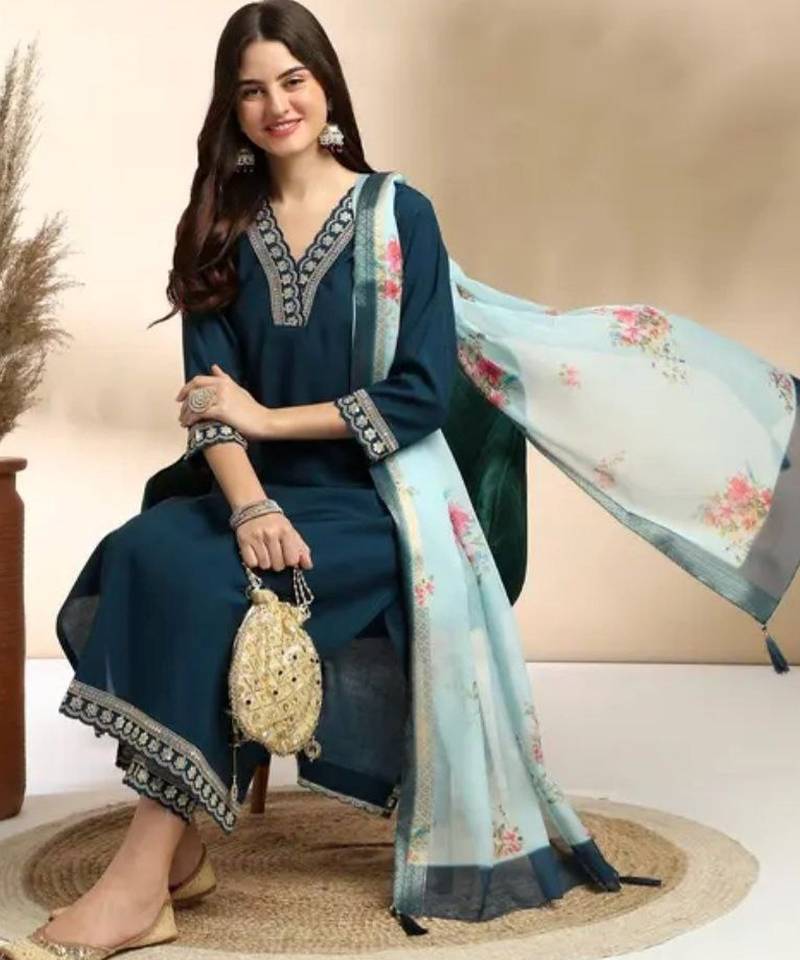 Stylish designer rayon biscuit slub fabric embroidery work kurta set with chanderi jaquard dupatta