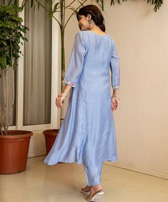 sky blue resham embroidery a-line chanderi silk kurta trouser dupatta set 3