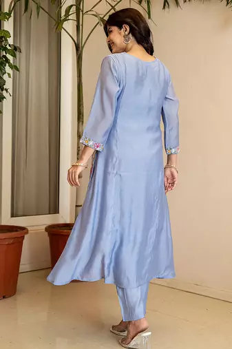 sky blue resham embroidery a-line chanderi silk kurta trouser dupatta set