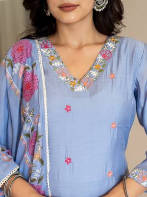 sky blue resham embroidery a-line chanderi silk kurta trouser dupatta set 4