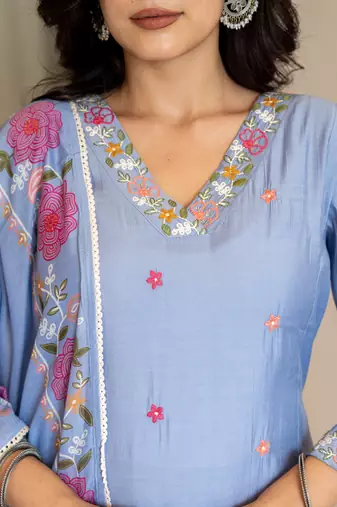 sky blue resham embroidery a-line chanderi silk kurta trouser dupatta set