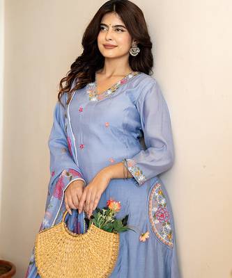sky blue resham embroidery a-line chanderi silk kurta trouser dupatta set 5