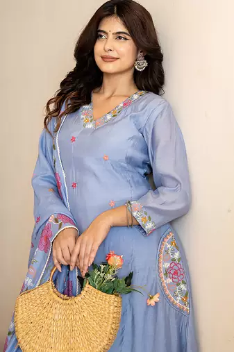 sky blue resham embroidery a-line chanderi silk kurta trouser dupatta set