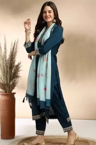 Stylish designer rayon biscuit slub fabric embroidery work kurta set with chanderi jaquard dupatta
