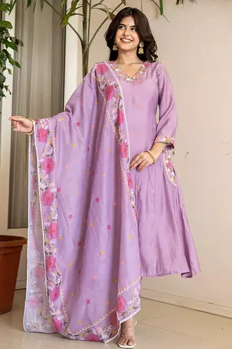 Yufta lavender resham embroidery a-line chanderi silk kurta trouser dupatta set