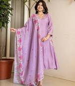lavender resham embroidery a-line chanderi silk kurta trouser dupatta set