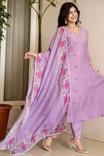 lavender resham embroidery a-line chanderi silk kurta trouser dupatta set