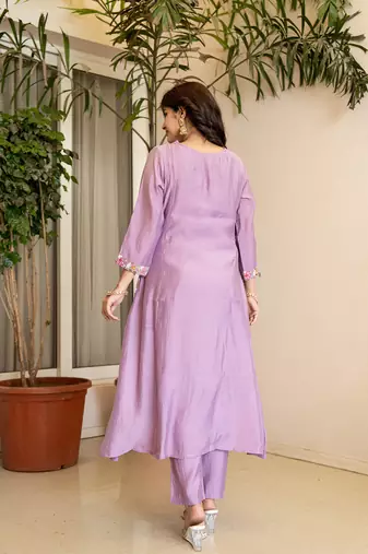 lavender resham embroidery a-line chanderi silk kurta trouser dupatta set