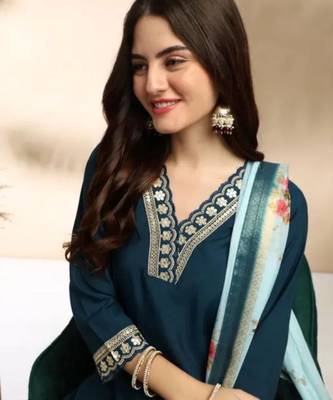 Stylish designer rayon biscuit slub fabric embroidery work kurta set with chanderi jaquard dupatta 3