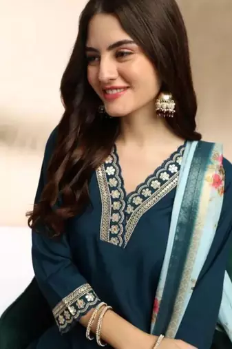 Stylish designer rayon biscuit slub fabric embroidery work kurta set with chanderi jaquard dupatta
