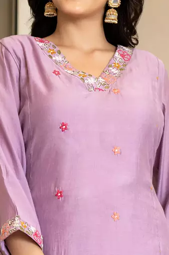 lavender resham embroidery a-line chanderi silk kurta trouser dupatta set