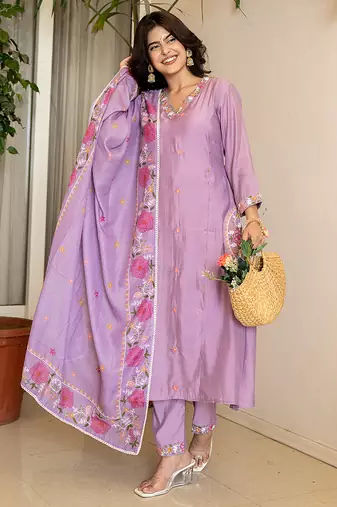 lavender resham embroidery a-line chanderi silk kurta trouser dupatta set